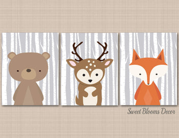 Woodland Animals Nursery Wall Art Gray Birch Trees Baby Bedroom Decor Bear Fox Deer Bear Modern Neutral Shower Gift C226-Sweet Blooms Decor