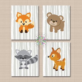 Woodland Animals Nursery Wall Art Gray Birch Trees Bear Fox Deer Raccoon Owl Bunny Rabbit Modern Baby Bedroom Decor C326-Sweet Blooms Decor