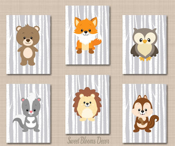 Woodland Animals Nursery Wall Art Gray Birch Trees Modern Fox Bear Owl Raccoon Chipmunk Baby Boy Bedroom Decor Room C316-Sweet Blooms Decor