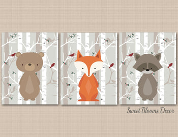 Woodland Animals Nursery Wall Art Gray Brown Birch Trees Bear Fox Racoon Birds Modern Baby Boy Bedroom Decor C223-Sweet Blooms Decor