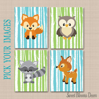 Woodland Animals Nursery Wall Art Green Teal Turquoise Birch Trees Bear Fox Owl Raccoon Deer Bunny Baby Showet Gift C313-Sweet Blooms Decor