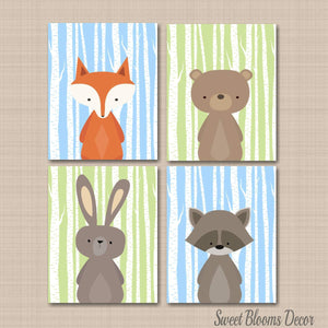 Woodland Animals Nursery Wall Art Modern Nursery Decor Green Blue Birch Trees Forest Animals Bear Fox Deer Raccoon C327-Sweet Blooms Decor