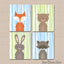 Woodland Animals Nursery Wall Art Modern Nursery Decor Green Blue Birch Trees  Forest Animals Bear Fox Deer Raccoon  C327
