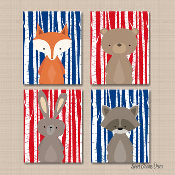 Woodland Animals Nursery Wall Art Navy Blue Red Birch Trees Neutral Nursery Decor Bear Fox Raccoon Bunny Baby Room 513-Sweet Blooms Decor
