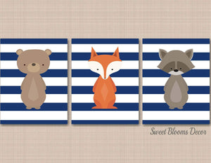 Woodland Animals Nursery Wall Art Navy Stripes Baby Bedroom Decor Bear Fox Raccoon Bear Neutral Shower Gift C449-Sweet Blooms Decor