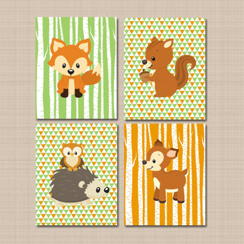 Woodland Animals Nursery Wall Art Orange Green Birch Trees Arrows Fox Deer Owl Porcupine Boy Bedroom Decor C329-Sweet Blooms Decor