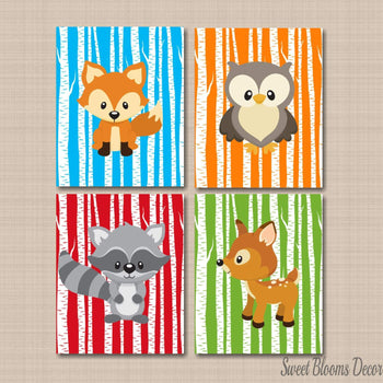 Woodland Animals Nursery Wall Art Red Blue Green Orange NBirch Trees Neutral Bear Fox Owl Deer Raccoon Nursery Decor C361-Sweet Blooms Decor