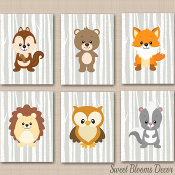 Woodland Animals Nursery Wall Art Woodland Baby Bedroom Decor Gray Birch Trees Fox Bear Owl Raccoon Chipmunk UNFRAMED C325-Sweet Blooms Decor