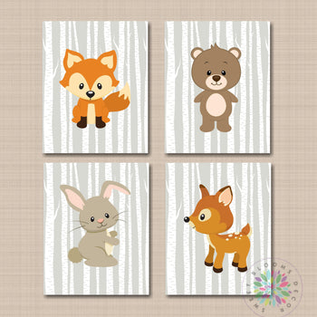 Woodland Animals Nursery Wall Art Woodland Decor Gray Birch Trees Modern Bear Fox Deer Raccoon Owl Bunny Rabbit C326-Sweet Blooms Decor
