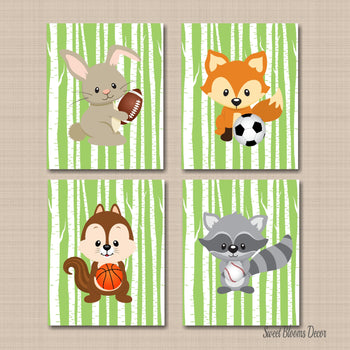 Woodland Animals Nursery Wall Art Woodland Sports Nursery Decor Basketball Football Soccer Baseball Baby Shower Gift C545-Sweet Blooms Decor