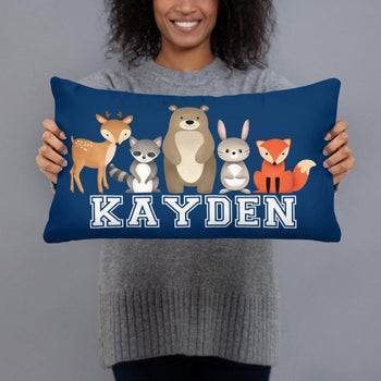 Woodland Animals Throw Pillow Woodland Nursery Decor Name Monogram Animals Kids Room Bedding Forest Navy Blue 12x20 inch P171-Sweet Blooms Decor