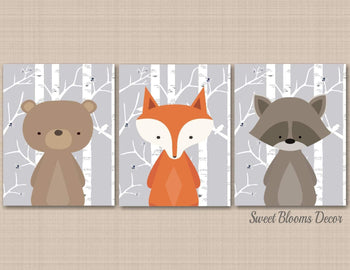 Woodland Animals Wall Art Bear Fox Raccoon Modern Nursery Decor Gray Birch Trees Baby Boy Room Bedroom Shower Gift C440-Sweet Blooms Decor