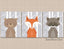 Woodland Animals Wall Art Bear Fox Raccoon Modern Nursery Decor Gray Birch Trees  Baby Boy Room Bedroom Shower Gift C440