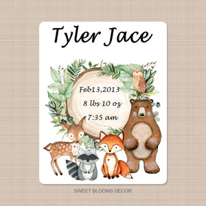 Woodland Baby Boy Name Blanket Greenery Leaves Trees Log Watercolor Personalized Birth Announcement Baby Shower Gift Bedding B1094-Sweet Blooms Decor