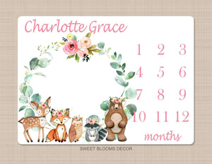 Woodland Baby Girl Milestone Blanket Personalized Coral Blush Pink Floral Animals Eucalyptus Newborn Name Flowers Baby Shower Gift  B1010