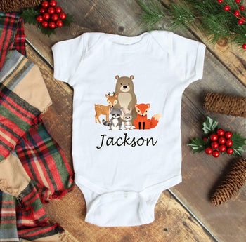 Woodland Baby One Piece Bodysuit Animals Personalized Baby Boy Outfit Baby Shower Gift Newborn Infant One-Piece Body Suit Baby Clothes 114-BODY SUITS & T-SHIRTS-Sweet Blooms Decor