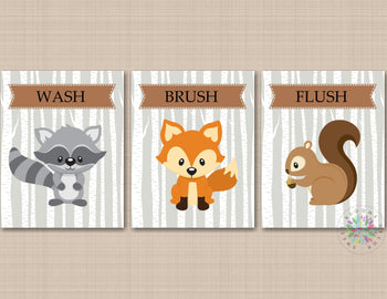 Woodland Bathroom Wall Art Woodland Animals Kids Baby Bathroom Decor Birch Trees Gray Brown PRINTS or CANVAS B85-Sweet Blooms Decor
