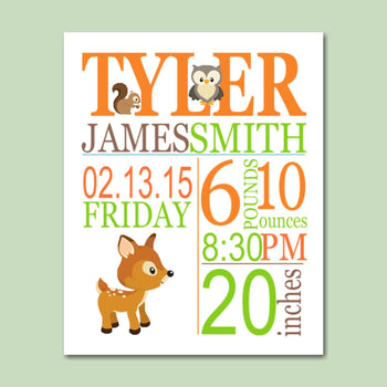 Woodland Birth Print Deer Birth Print Deer Nursery Decor Woodland Birth Announcement Woodland Art Baby Shower - PRINT OR CANVAS-Sweet Blooms Decor