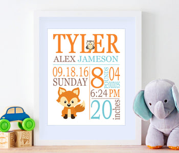 Woodland Birth Print Fox Birth Print Woodland Birth Announcement Woodland Baby Woodland Fox Nursery Art Decor- PRINT OR CANVAS-Sweet Blooms Decor