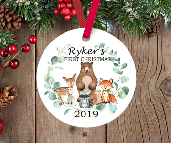 Woodland Christmas Ornament Animals Personalized Baby Boy 1st First Christmas eucalyptus Forest Shower Gift New Baby Holiday Ornament 164