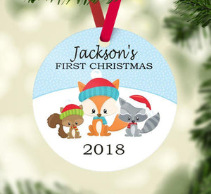 Woodland Christmas Ornament Animals Personalized Baby Boy 1st First Christmas Mountain Forest Shower Gift New Baby Holiday Ornament 125