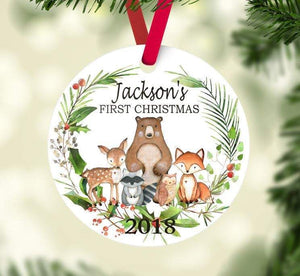 Woodland Christmas Ornament Animals Personalized Baby Boy 1st First Christmas Mountain Forest Shower Gift New Baby Holiday Ornament 146