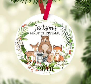 Woodland Christmas Ornament Animals Personalized Baby Boy 1st First Christmas Mountain Forest Shower Gift New Baby Holiday Ornament 146