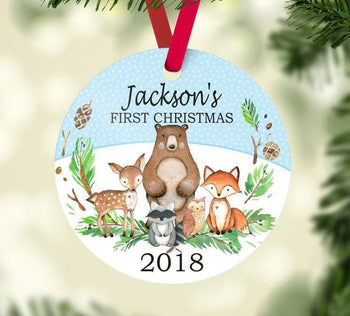 Woodland Christmas Ornament Animals Personalized Baby Boy 1st First Christmas Mountain Forest Shower Gift New Baby Holiday Ornament 147