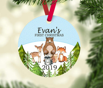 Woodland Christmas Ornament Animals Personalized Baby Boy 1st First Christmas Mountain Forest Shower Gift New Baby Holiday Ornament 168