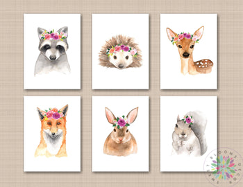 Woodland Girl Floral Nursery Wall Art Animals Girl Bedroom Decor Watercolor Flowers Fox Raccoon Bunny Rabbit Deer C620-Sweet Blooms Decor