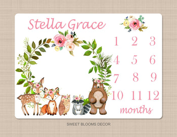 Woodland Girl Milestone Blanket Pink Floral Monthly Growth Tracker Newborn Baby Girl Name Wreath Flowers Baby Shower Gift B1045