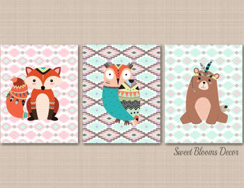 Woodland Girl Nursery Decor Tribal Wall Art Pink Mint Gray Aztec Animals Fox Bear Owl Deer Baby Girl Bedroom Decor C461-Sweet Blooms Decor