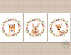 Woodland Girl Nursery Decor Wall Art Coral Pink Floral Boho Feathers Rabbit Fox Deer Baby Girl Bedroom Decor Modern C682-Sweet Blooms Decor