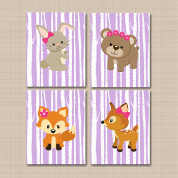 Woodland Girl Nursery Decor Wall Art Lavender Birch Trees Bear Fox Owl Bunny Rabbit Flowers Bows Baby Shower Gift C331-Sweet Blooms Decor
