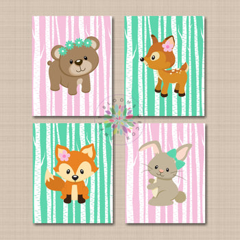 Woodland Girl Nursery Decor Wall Art Pink Mint Green Birch Trees Flowers Bows Floral Baby Animals Girl Bedroom Decor C660-Sweet Blooms Decor