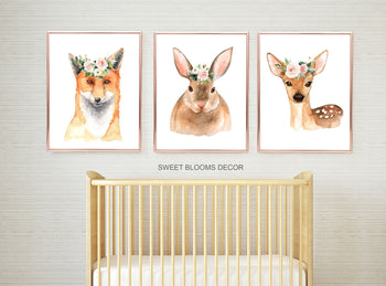 Woodland Girl Nursery Decor Wall Art Watercolor Pink Coral Blush Flowers Modern Boho Flowers Baby Shower Gift Baby Room 811-Sweet Blooms Decor