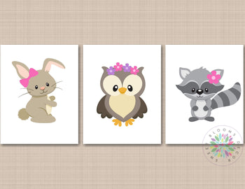 Woodland Girl Nursery Decor Woodland Nursery Wall Art Pink Purple Flowers Bows Owl Raccoon Bunny Rabbit Modern Simple C543-Sweet Blooms Decor