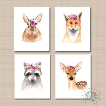 Woodland Girl Nursery Decor Woodland Nursery Wall Art Watercolor Pink Purple Orange Floral Modern Rabbit Deer Fox C620-Sweet Blooms Decor