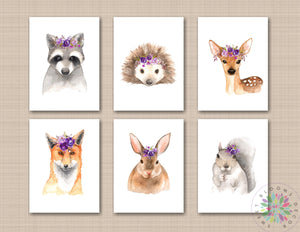 Woodland Girl Nursery Decor Woodland Nursery Wall Art Watercolor Purple Floral Fox Raccoon Bunny Rabbit Deer FlowersC685-Sweet Blooms Decor