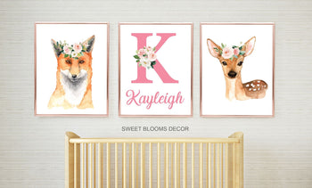 Woodland Girl Nursery Name Wall Art Watercolor Pink Coral Blush Flowers Modern Boho Flowers Baby Shower Gift Baby Room 811-Sweet Blooms Decor