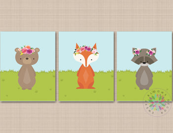 Woodland Girl Nursery Wall Art BAby Gilr BEdroom Decor Flowers Floral Fox Raccoon Bear Forest Baby Girl Room Art C621-Sweet Blooms Decor