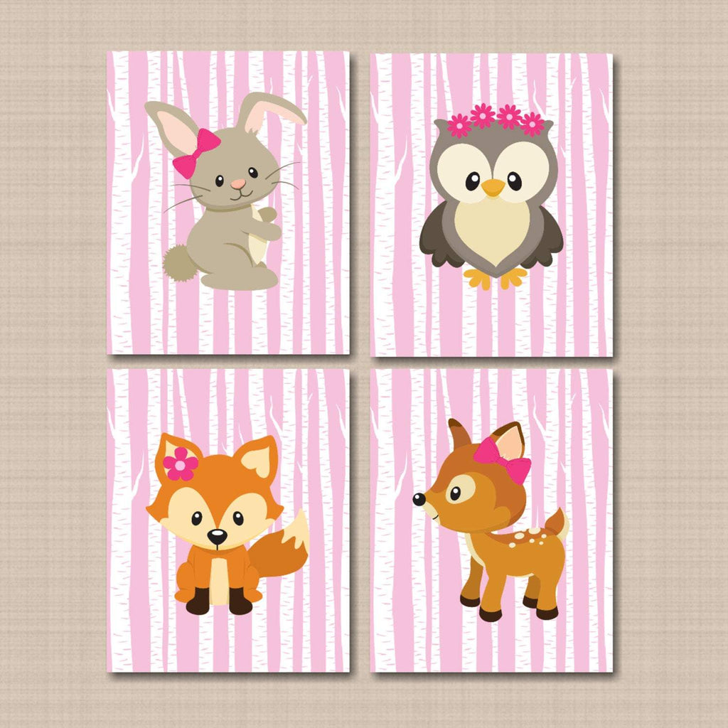 Woodland Girl Nursery Wall Art Baby Girl Pink Bedroom Decor Girl Animals Deer Bear Fox Owl Bunny Raccoon UNFRAMED C324