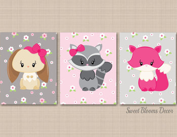 Woodland Girl Nursery Wall Art Decor Pink Floral Flowers Woodland Baby Girl Art Floral Fox Owl Bunny Rabbit Raccoon C466-Sweet Blooms Decor