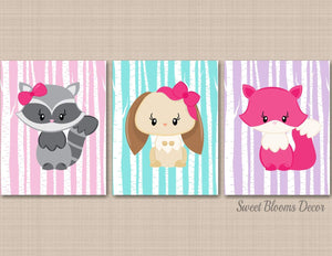 Woodland Girl Nursery Wall Art Decor Pink Purple Teal Birch Trees Floral Fox Owl Bunny Rabbit Raccoon Bows Room C467-Sweet Blooms Decor