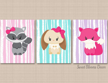 Woodland Girl Nursery Wall Art Decor Pink Purple Teal Birch Trees Floral Fox Owl Bunny Rabbit Raccoon Bows Room C467-Sweet Blooms Decor