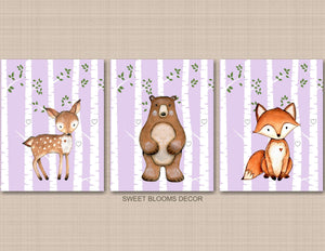 Woodland Girl Nursery Wall Art Deer Fox Bear Modern Purple Lavender Birch Tree Leaves Baby Girl BEdroom Decor Shower C855-Sweet Blooms Decor