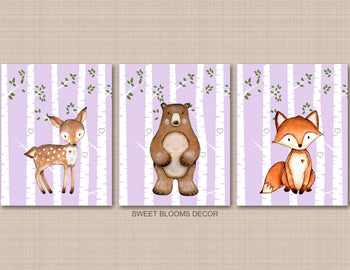 Woodland Girl Nursery Wall Art Deer Fox Bear Modern Purple Lavender Birch Tree Leaves Baby Girl BEdroom Decor Shower C855-Sweet Blooms Decor