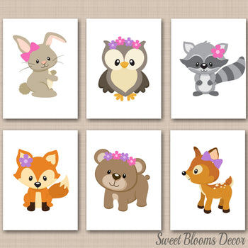 Woodland Girl Nursery Wall Art Floral Baby Bedroom Decor Watercolor Pink Purple Flowers Fox Bear Owl Bunny Deer C543-Sweet Blooms Decor
