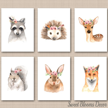 Woodland Girl Nursery Wall Art Floral Watercolor Forest Boho Feathers Coral Pink Flowers Decor Fox Raccoon Bunny Deer C547-Sweet Blooms Decor