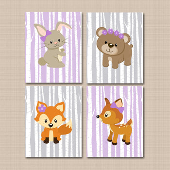 Woodland Girl Nursery Wall Art Flowers Bows Purple GrayBirch Trees Animals Decor Deer Bear Fox Owl Bunny C302UNFRAMED-Sweet Blooms Decor